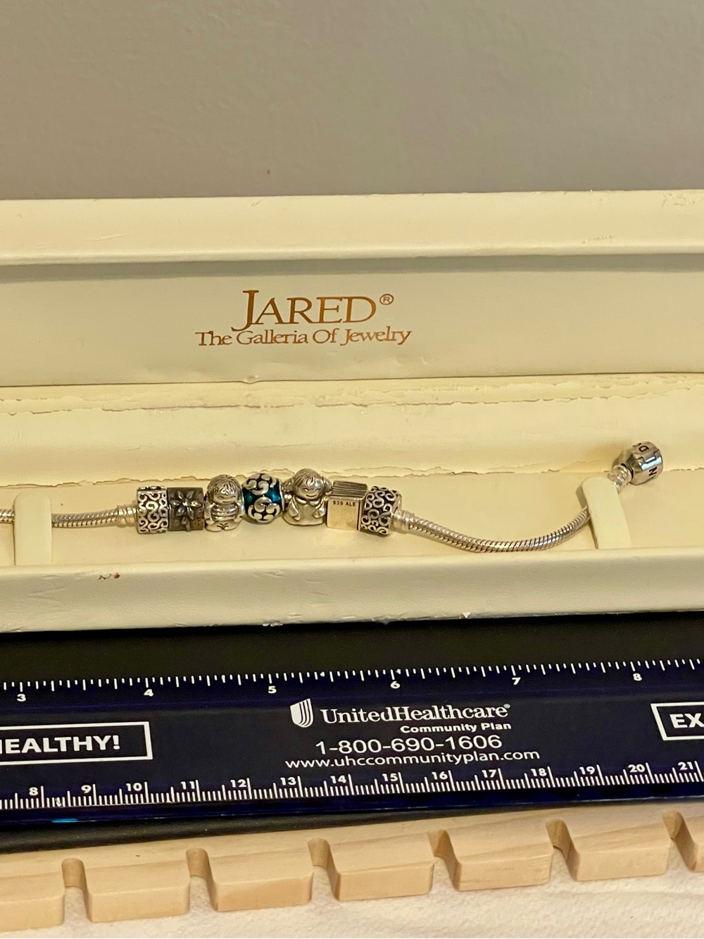 8” Pandora Branded 925 sterling Silver Charm Bracelet with Blue Accents